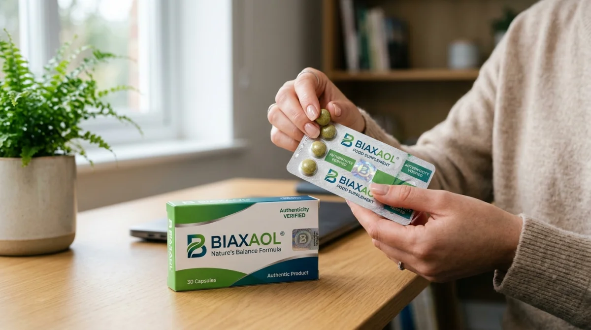 Main tenant une pilule Biaxaol, vérifiant l'emballage pour l'authenticité.