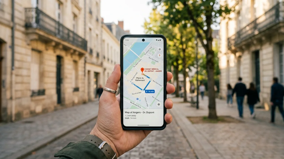 Main avec smartphone affichant carte et marqueur : trouver médecin de garde Angers