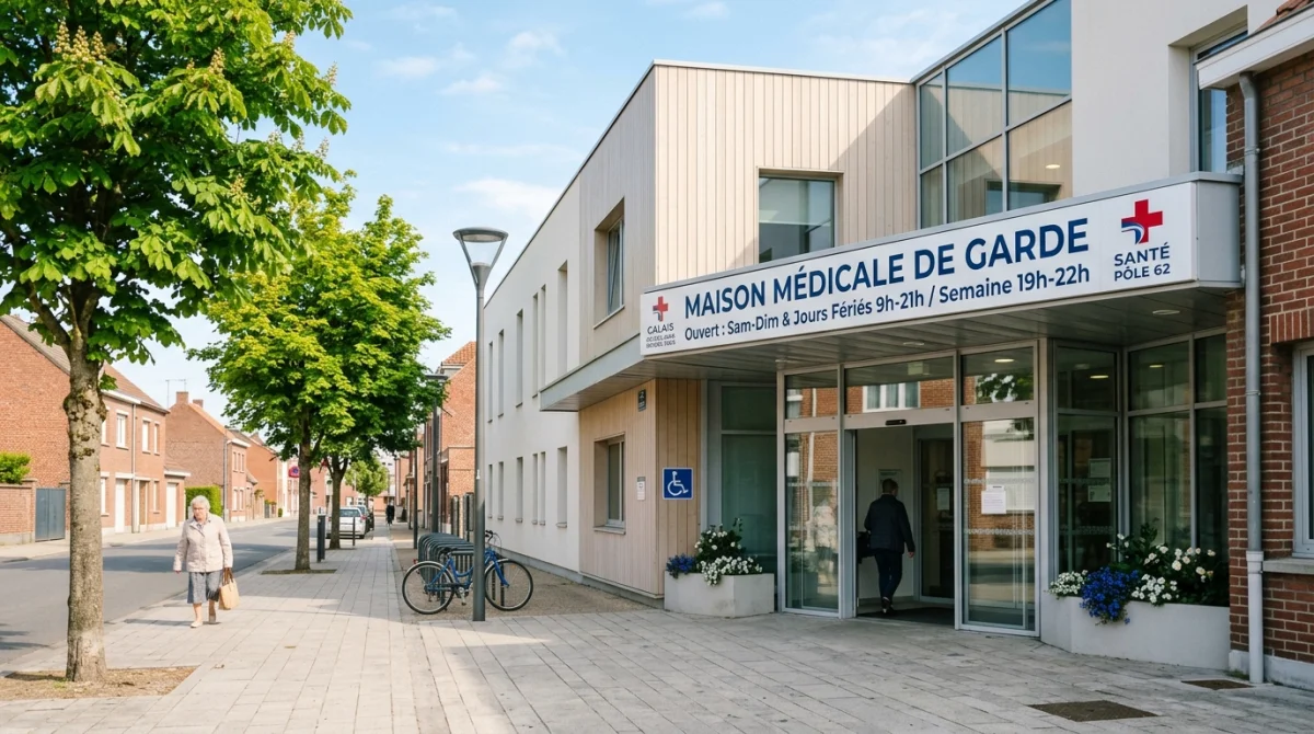 Maison médicale de garde à Calais : entrée accueillante et panneau d'indication clair