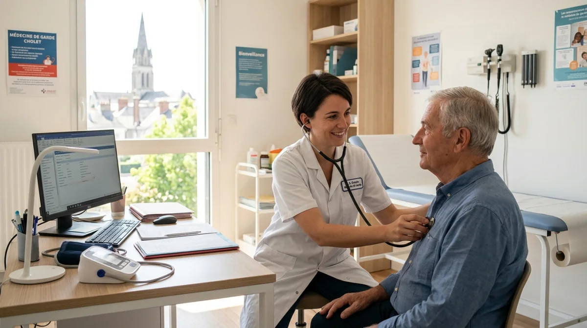 Médecin de garde à Cholet prodiguant des soins à un patient dans un cabinet médical moderne.