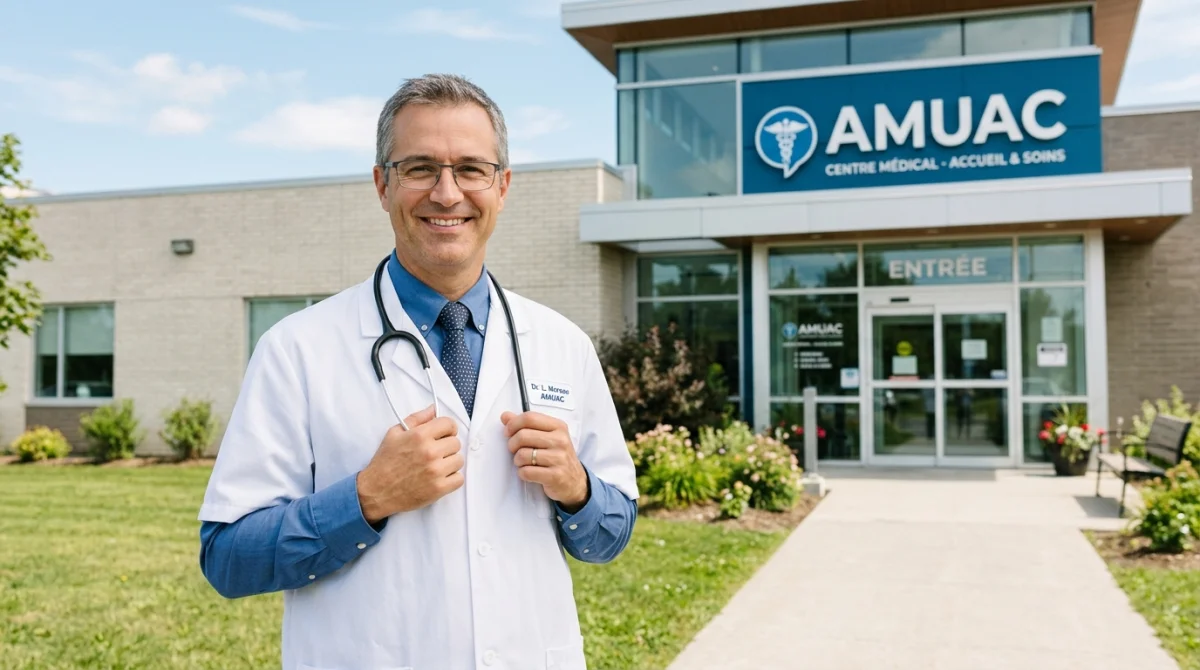Médecin souriant devant le centre médical AMUAC à Clermont-Ferrand, spécialiste en garde.