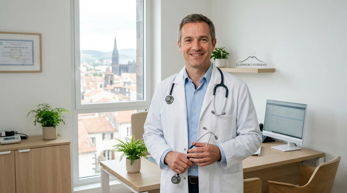 Médecin souriant en blouse blanche avec stéthoscope, cabinet médical moderne à Clermont Ferrand.