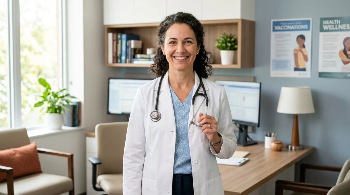 Médecin de garde au Havre, souriant et bienveillant, en blouse blanche avec stéthoscope.