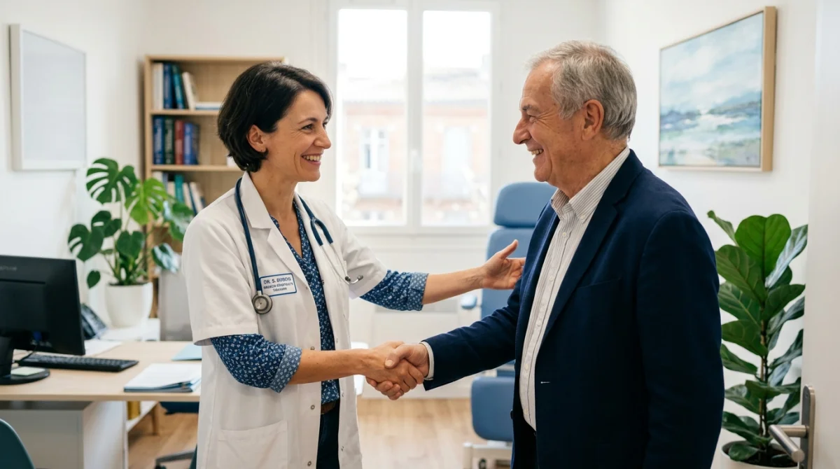 Médecin de garde à Toulouse souriant accueillant un patient dans un cabinet médical lumineux