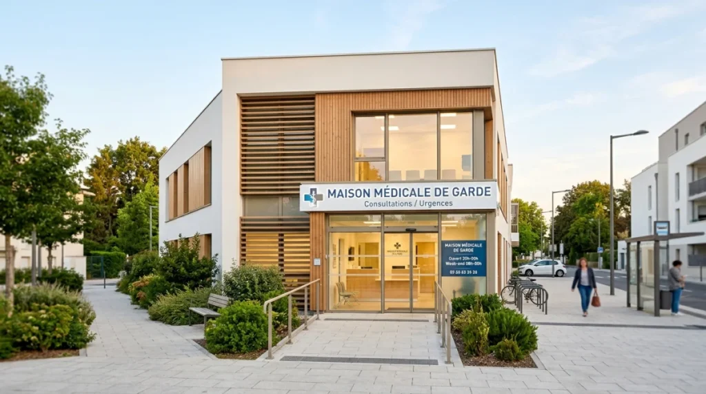 Maison médicale de garde au Mans, signalétique claire et ambiance rassurante.