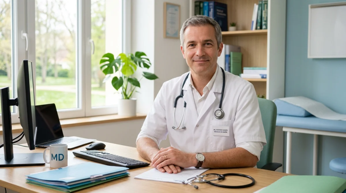 Médecin de garde à Arras, professionnel de santé bienveillant en cabinet médical moderne.
