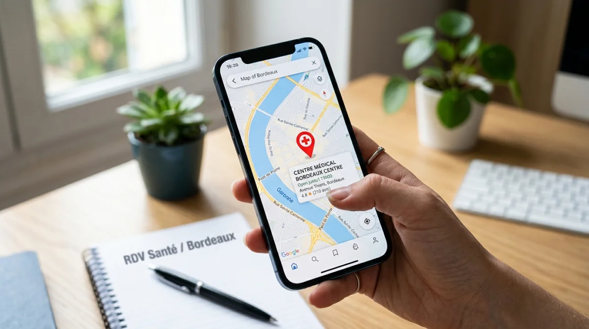 Main tenant un smartphone avec carte de Bordeaux et marqueur de médecin de garde.