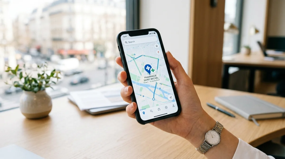 Main tenant smartphone affichant carte avec pharmacie de garde à Bordeaux