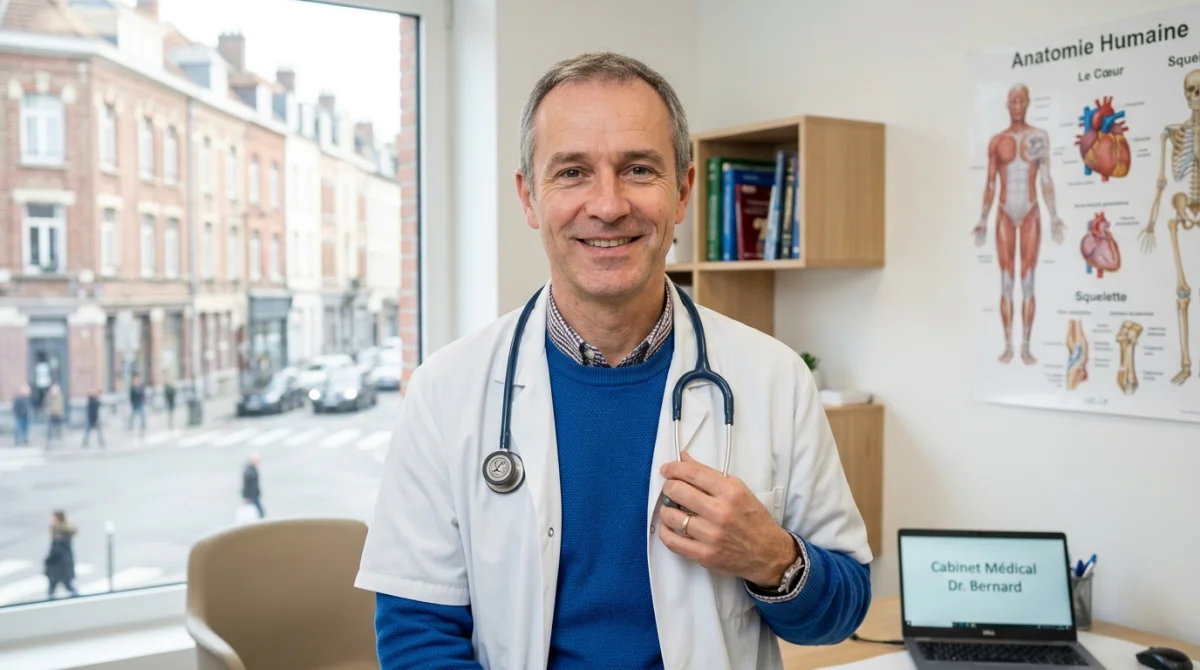 Médecin bienveillant avec stéthoscope dans un cabinet médical à Lille.