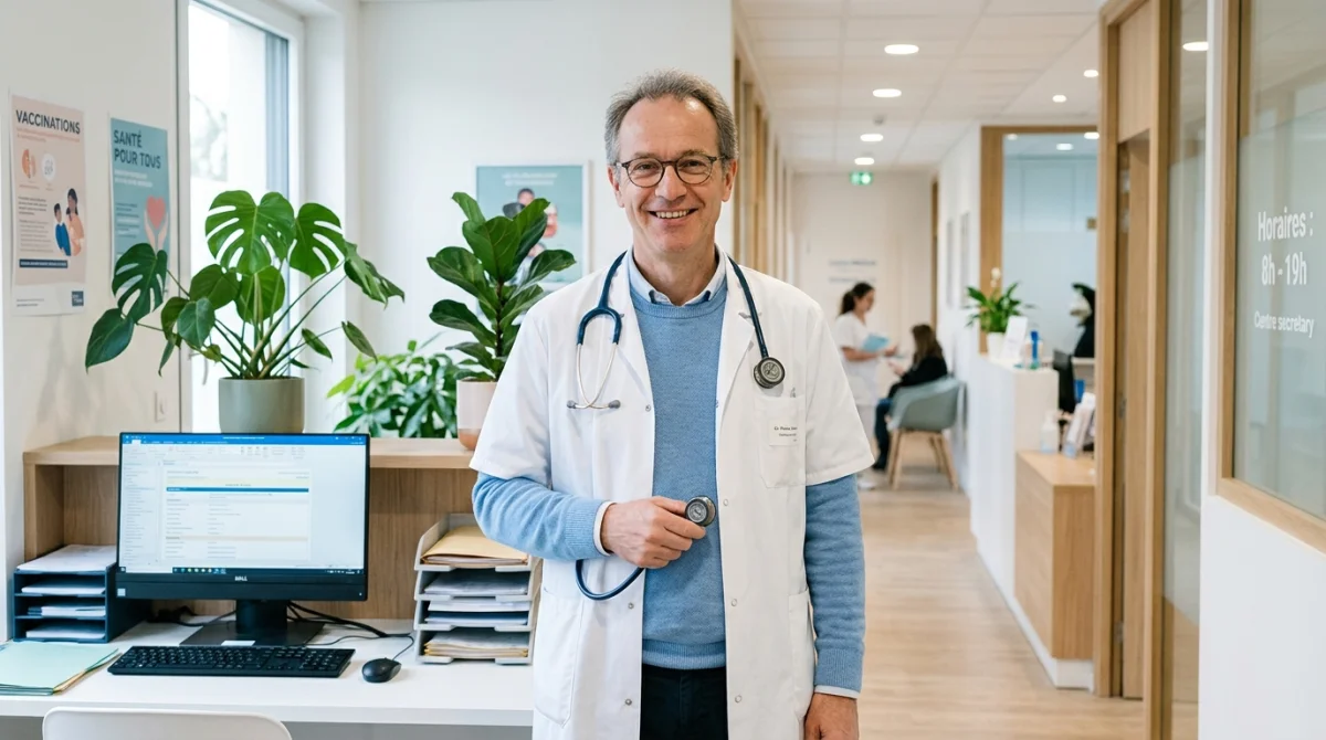 Médecin généraliste souriant avec stéthoscope dans un centre médical moderne à Lille.