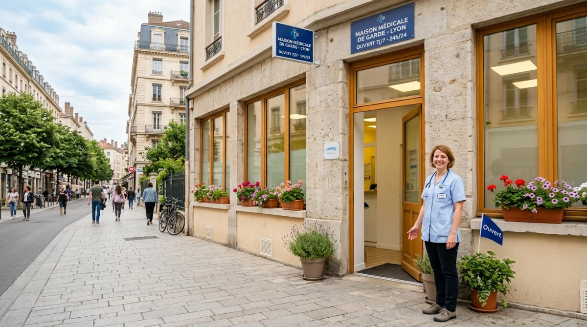Maison médicale de garde à Lyon : infirmière souriante et quartier haussmannien