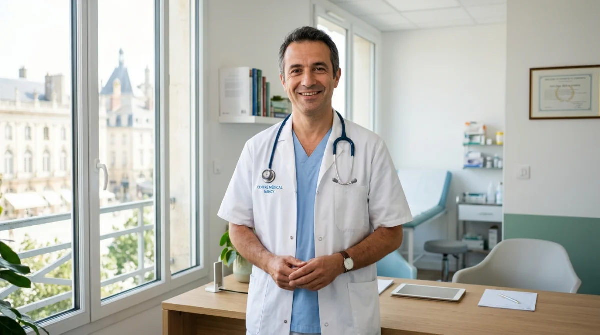 Médecin de garde à Nancy souriant et rassurant dans son cabinet médical moderne.