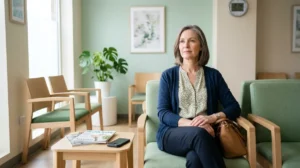 Femme patiente dans une salle d'attente de médecin à Montigny lès Metz pour une consultation sans rendez-vous.