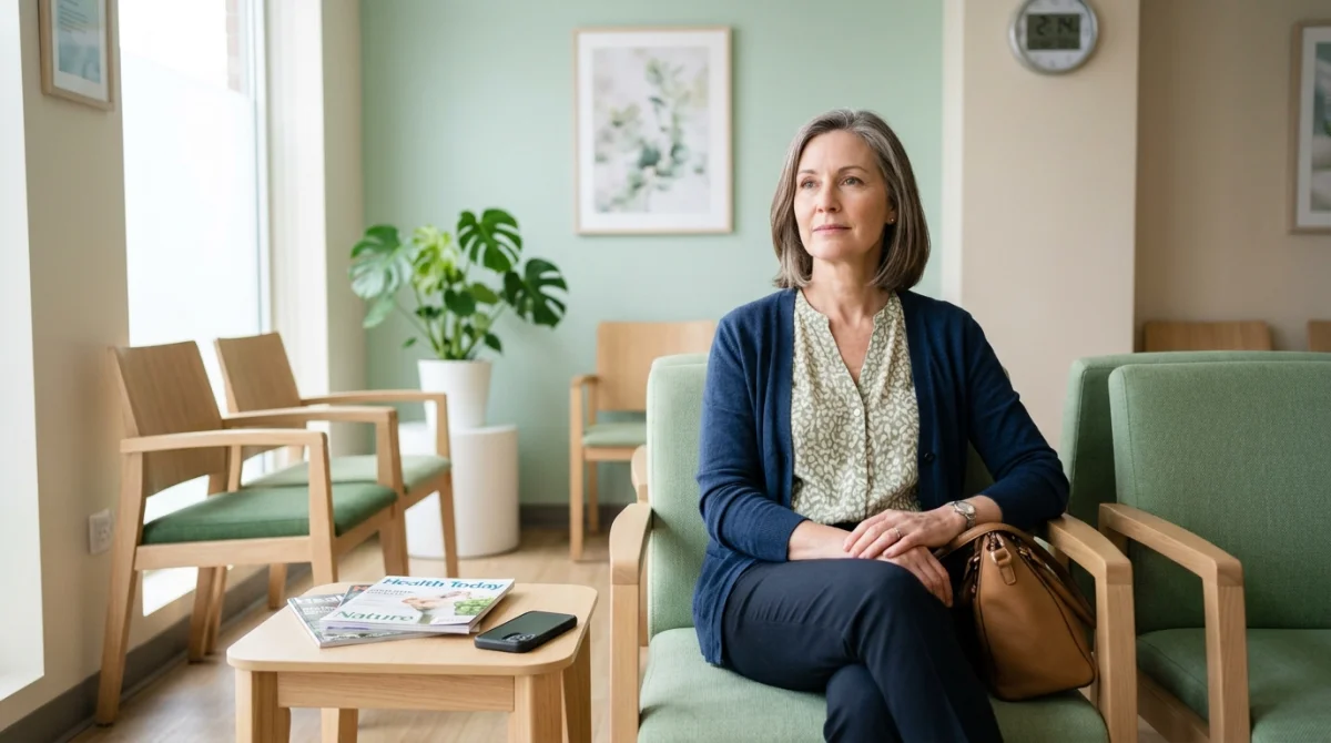 Femme patiente dans une salle d'attente de médecin à Montigny lès Metz pour une consultation sans rendez-vous.