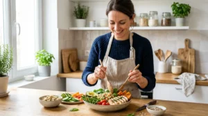 Personne préparant une assiette équilibrée avec des légumes frais et des protéines pour une alimentation saine sous Ozempic.