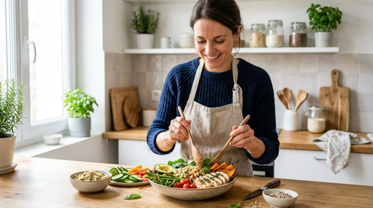Personne préparant une assiette équilibrée avec des légumes frais et des protéines pour une alimentation saine sous Ozempic.