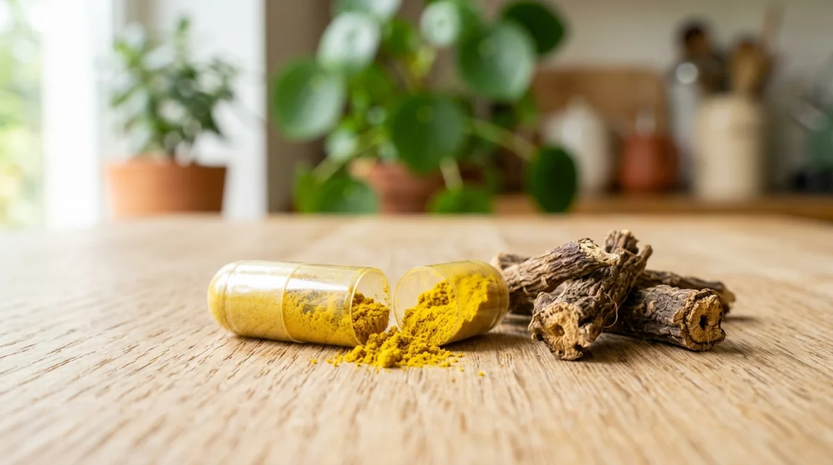 Gélule végétale ouverte contenant de la poudre de berbérine jaune vif à côté de racines séchées sur bois.