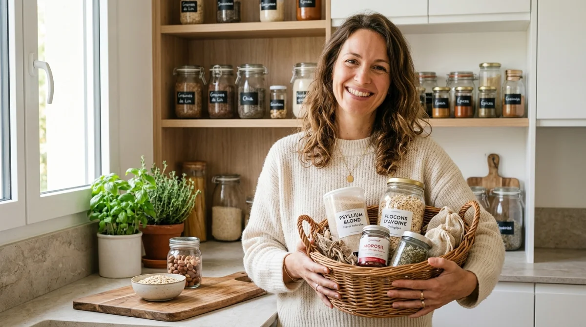Personne souriante dans une cuisine moderne présentant des ingrédients naturels comme alternative naturelle à Ozempic.