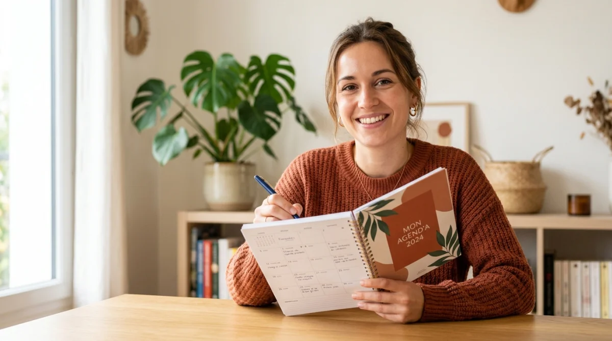 Jeune femme souriante organisant son emploi du temps pour s'habituer à Optimizette dans un salon lumineux et moderne.