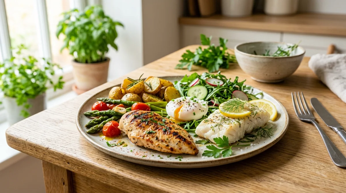 Assiette équilibrée composée de protéines maigres, poulet grillé et poisson, idéale pour une alimentation saine sous Ozempic.