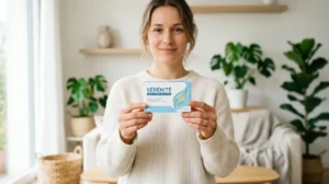 Une personne sereine tenant une boîte de médicament Brintellix dans un intérieur lumineux pour illustrer les risques associés.