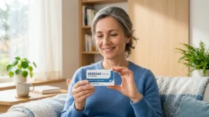 Personne sereine tenant une boîte de médicament dans un intérieur lumineux, illustrant la gestion des effets secondaires du Brintellix.
