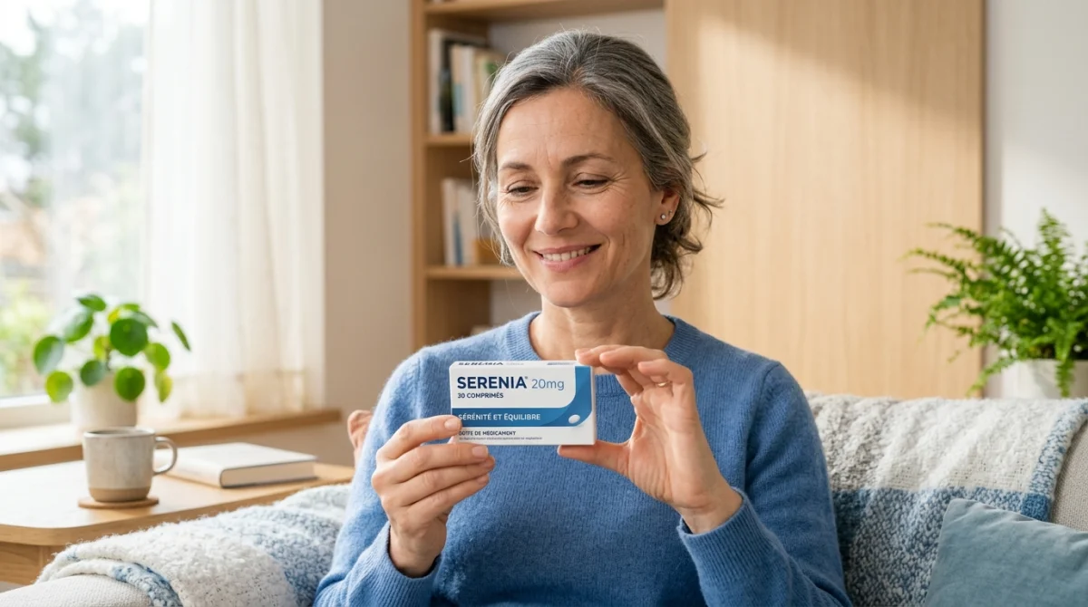 Personne sereine tenant une boîte de médicament dans un intérieur lumineux, illustrant la gestion des effets secondaires du Brintellix.