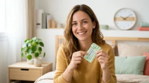 Jeune femme souriante tenant une plaquette de pilule Optimizette dans une chambre lumineuse pour illustrer comment la prendre.