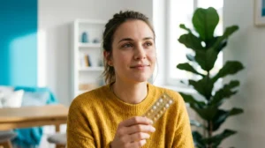 Jeune femme pensive tenant une plaquette de pilule contraceptive pour illustrer l'efficacité d'Optimizette au quotidien.