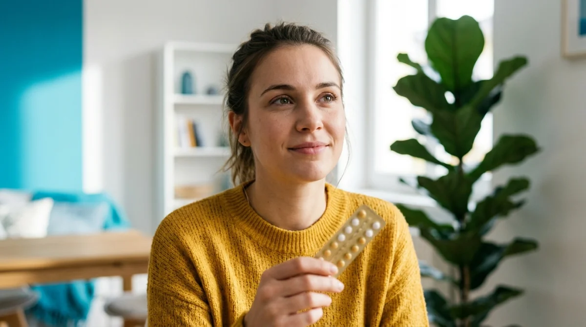 Jeune femme pensive tenant une plaquette de pilule contraceptive pour illustrer l'efficacité d'Optimizette au quotidien.
