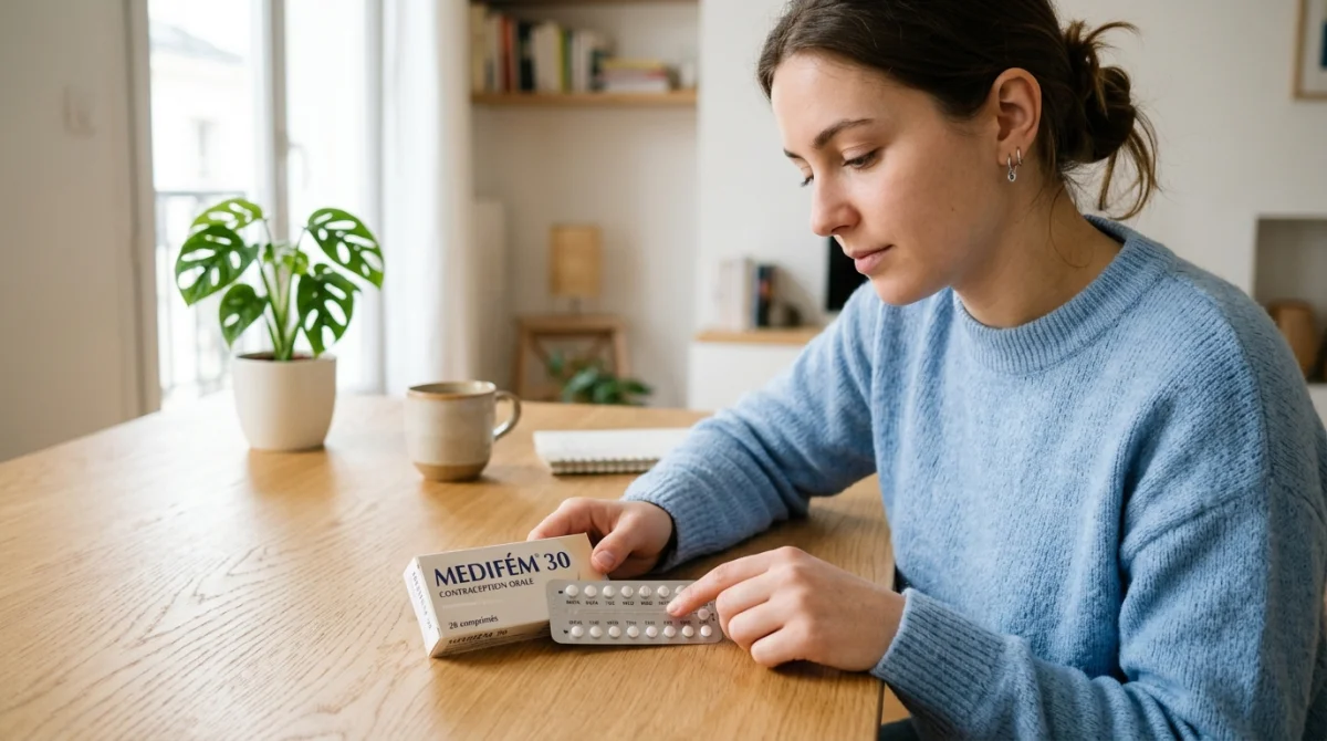 Jeune femme tenant une plaquette de pilule Optimizette sur une table en bois pour illustrer son efficacité contraceptive.