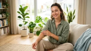Jeune femme sereine et épanouie dans un salon lumineux, illustrant l'équilibre et le bien-être au quotidien.