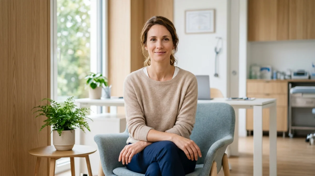Femme sereine et confiante dans un cabinet médical moderne pour une consultation sur l'Optizette et ses dangers potentiels.