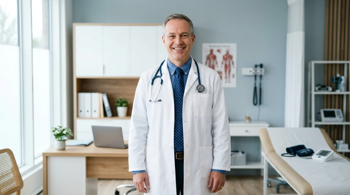 Médecin bienveillant avec stéthoscope dans un cabinet moderne pour une consultation chez SOS Médecin Limoges.