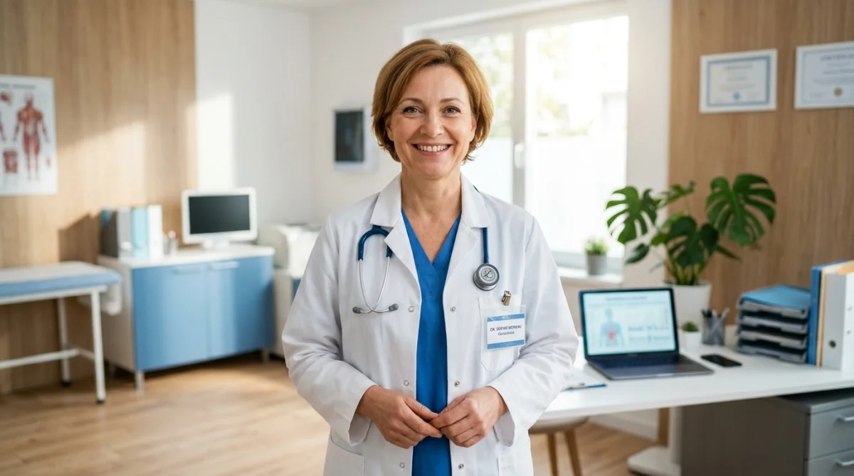 Médecin bienveillant souriant dans un cabinet moderne pour une consultation SOS Médecin Nantes rassurante et professionnelle.