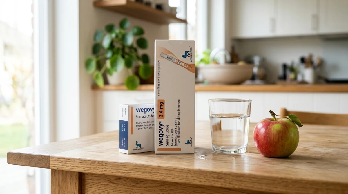 Boîte de médicament Wegovy posée sur une table en bois avec une pomme et un verre d'eau.