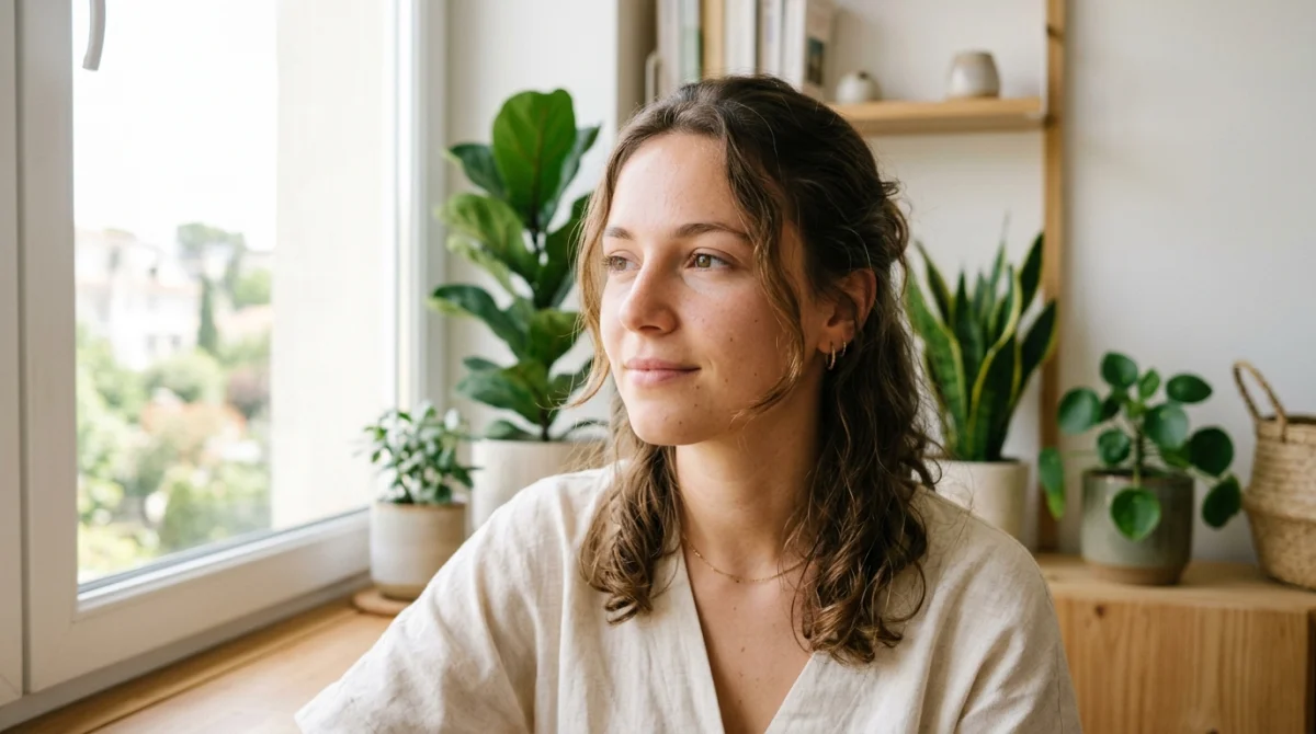 Jeune femme sereine dans un intérieur lumineux, illustrant le bien-être lié à la prise d'Optimizette et ses effets secondaires.