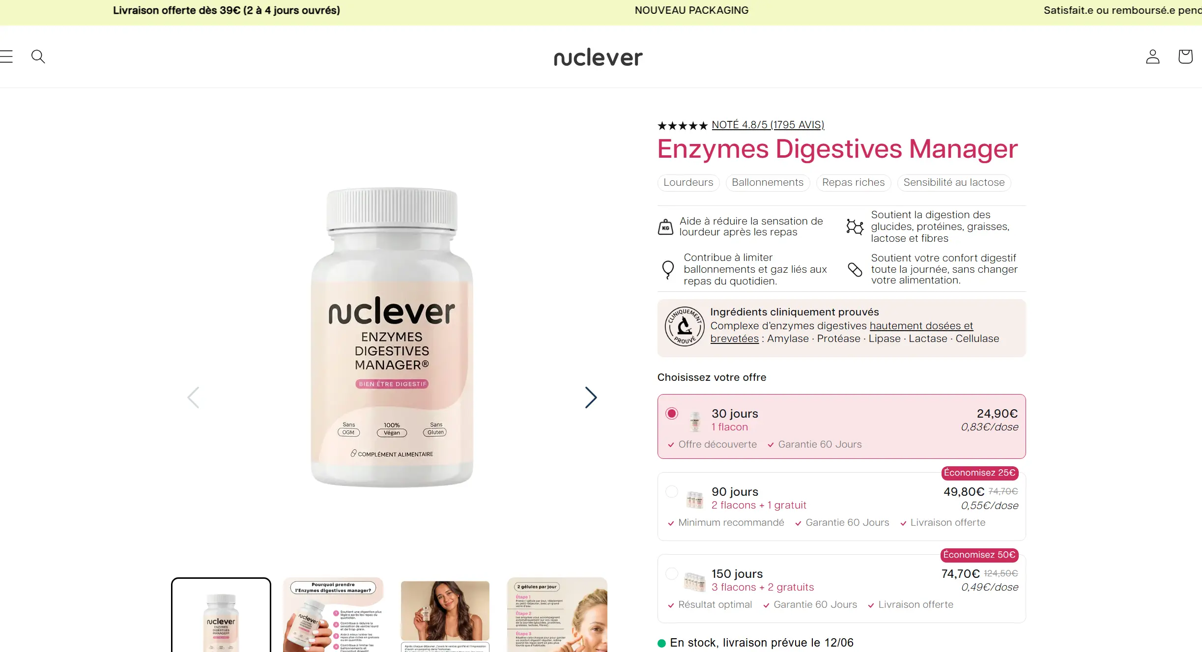 page produit nuclever enzymes digestives