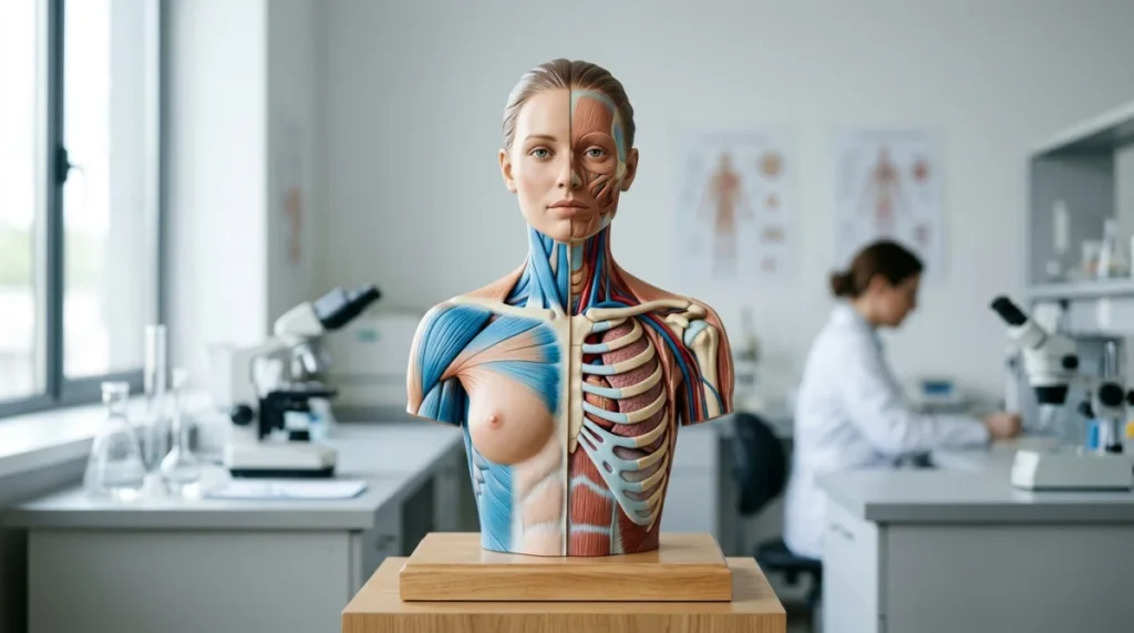 Buste humain stylisé et pédagogique illustrant une partie du corps en n dans un studio médical professionnel.