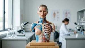 Buste humain stylisé et pédagogique illustrant une partie du corps en n dans un studio médical professionnel.