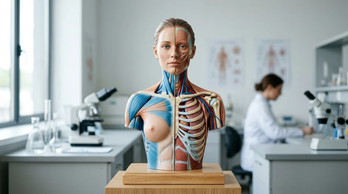 Buste humain stylisé et pédagogique illustrant une partie du corps en n dans un studio médical professionnel.