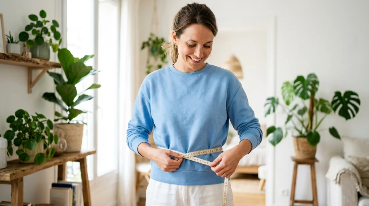 Personne souriante mesurant sa taille avec un mètre ruban dans un intérieur lumineux pour illustrer le suivi Ozempic.