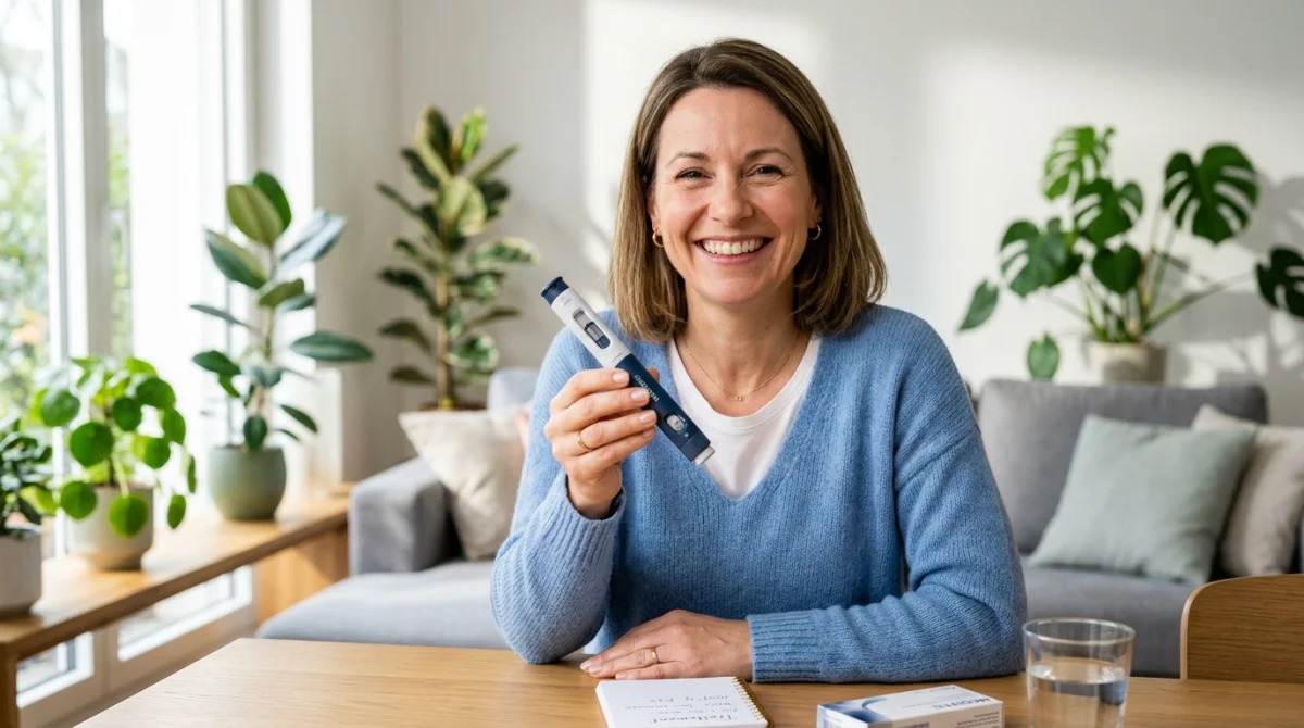 Personne souriante tenant un stylo injecteur médical dans un intérieur lumineux pour illustrer le traitement par Ozempic.
