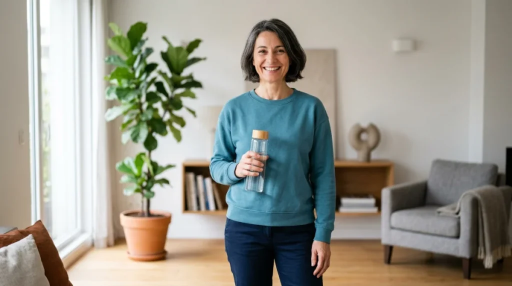 Personne souriante en tenue bleu sarcelle tenant une bouteille d'eau dans un salon moderne lumineux et serein.