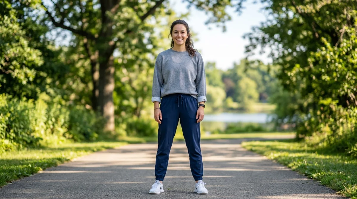 Personne souriante en tenue de sport dans un parc, illustrant une perte de poids et un mode de vie sain.