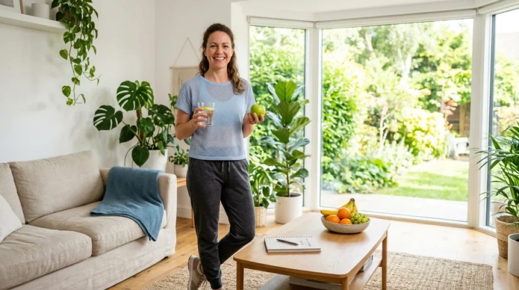 Personne souriante en tenue de sport tenant une pomme et de l'eau dans un salon lumineux et sain.