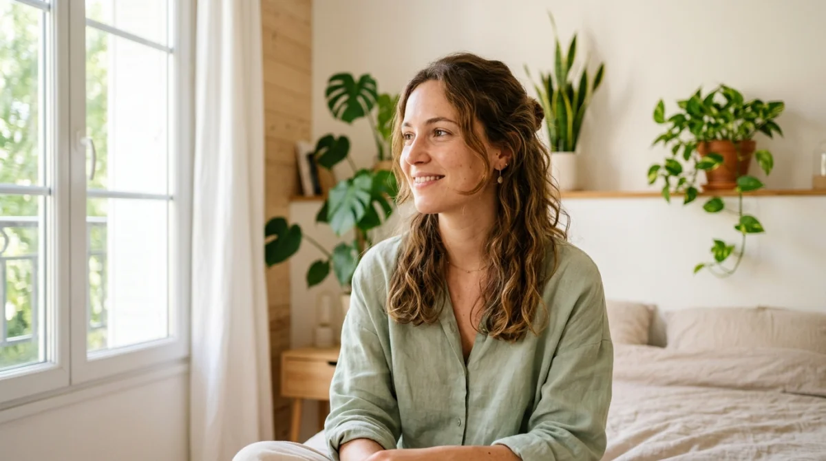 Jeune femme sereine et souriante dans une chambre lumineuse, illustrant le bien-être lié à la pilule Optimizette.