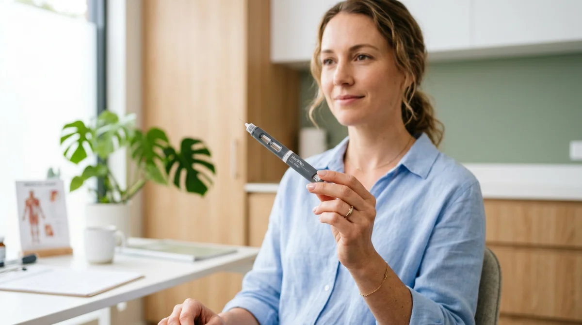 Personne confiante tenant un stylo injecteur médical dans un cabinet lumineux pour le traitement à l'Ozempic.