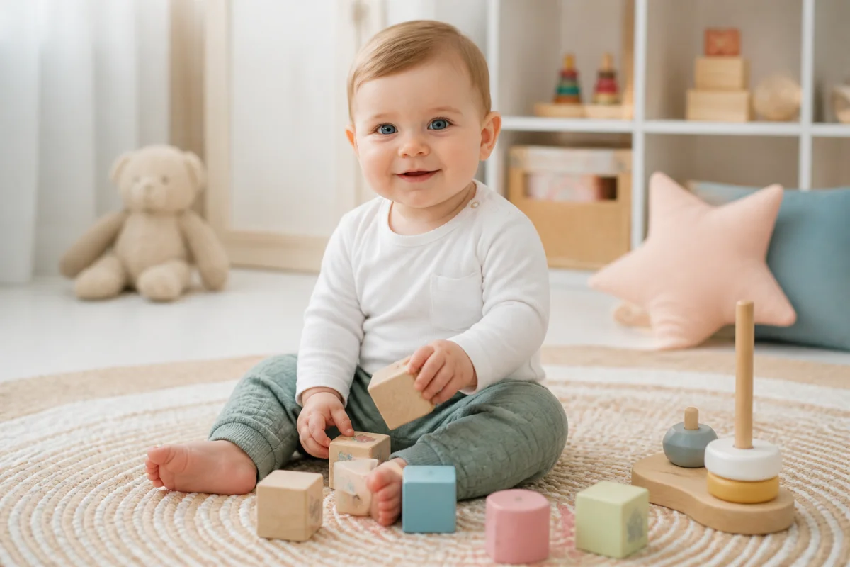 Bébé serein jouant sur un tapis, illustrant le développement naturel de l'enfant dans un environnement chaleureux et sécurisant.