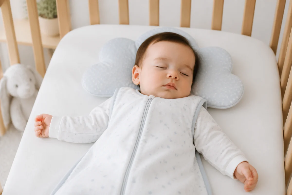 Bébé paisible dormant dans un lit en bois, illustrant le confort pour mon fils qui transpire beaucoup de la tête.